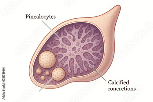 Detailed illustration of the pineal gland showing pinealocytes and calcified concretions.