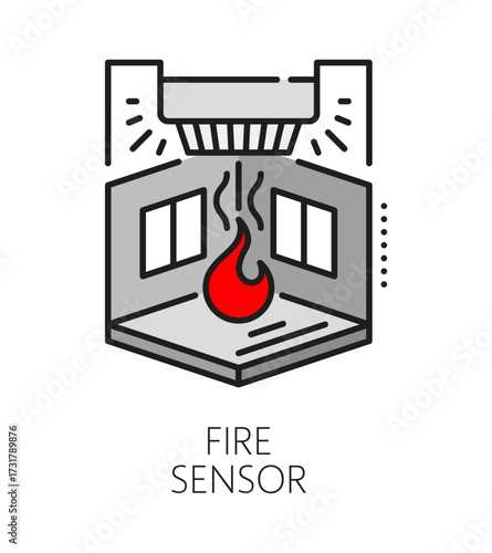 Home security fire sensor color line icon or symbol. Property security technology outline vector sign, house protection company icon. Home safety service symbol with fire smoke alarm sensor and room