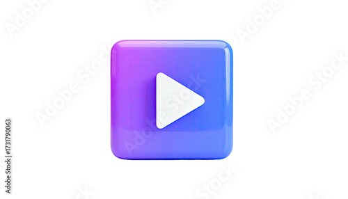 Glossy, 3D purple square with a white play button on a black background