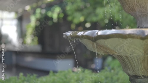 Beautiful small fountain with water flow in a landscaped garden on day.