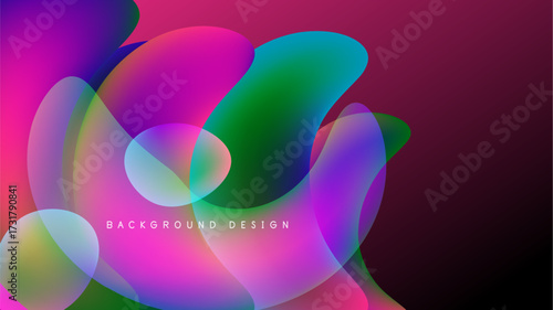 Abstract colorful shapes overlap, creating vibrant gradients. Design features pinks, blues, greens against dark backdrop. Modern aesthetic.