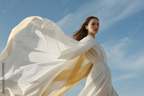 Fashion Model Dress, Woman in Flowing Fabric Gown, Clothes Flow on Wind, White Yellow