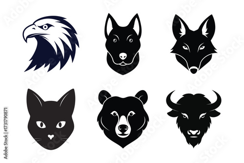 Collection of stylized animal heads with bold outlines isolated on white background