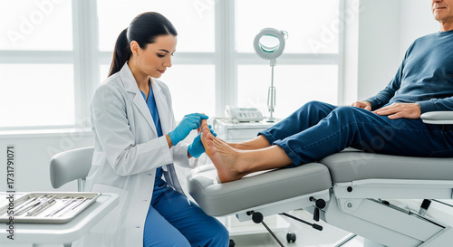  Professional podiatrist in a clean, modern clinic examining a patient’s bare foot on a padded treatment chair. Bright white walls, natural lighting, sharp medical stock photo style.