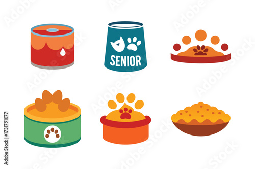 Collection of dog food items and accessories isolated on white background