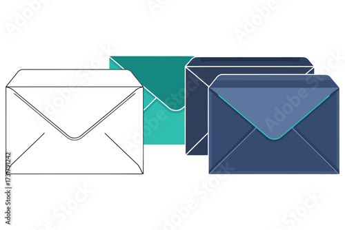 Vector art of a group of three envelopes, one in outline, one in teal, and one in blue, the envelopes are closed and ready to be mailed or delivered