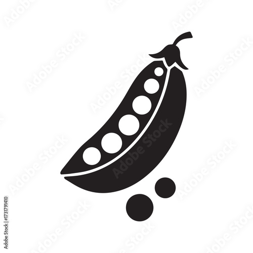 Stylized pea pod silhouette icon. Simple black and white vector illustration of an open legume with peas, representing healthy food and vegetables.
