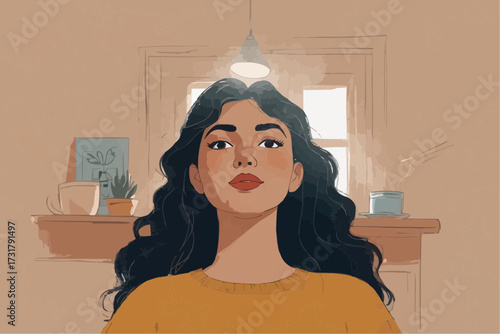 Young woman with long hair sitting indoors under warm light  