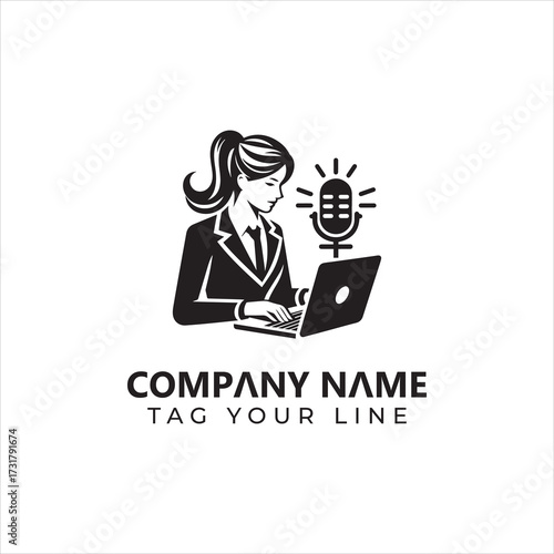 Businesswoman with Laptop and Podcast Microphone in Black and White Silhouette.