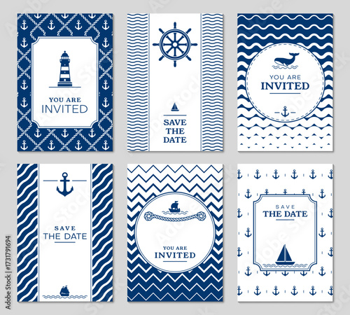 Marine Nautical invite and templates. Vector set of navy blue and white invitation cards with maritime icons like anchor, lighthouse, steering wheel, ship and whale evoke ocean vibes for marine events