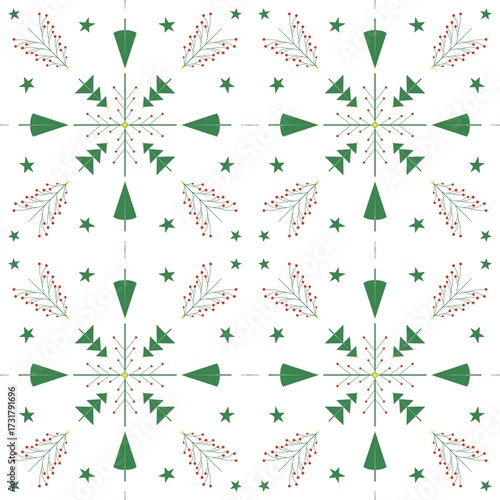 New Year's pattern with green Christmas trees and stars, holiday ornament 2026, illustration on a white background, textiles, packaging, napkin, postcard