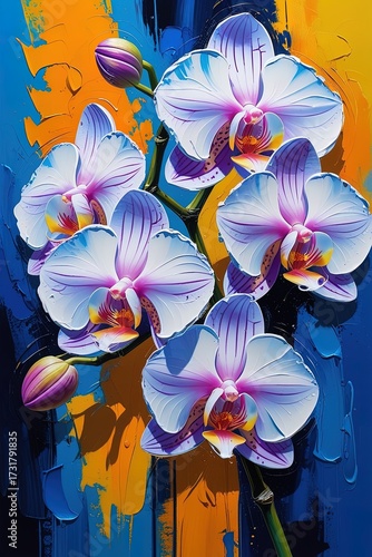 Bold, vibrant impasto style orchid oil painting with bold large strokes using a palette knife and acrylic paint. textured brushstrokes. Use for poster, wallart.