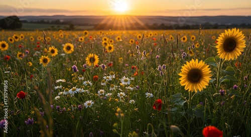 Field of sunflowers at sunset