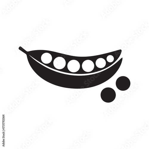 Stylized pea pod silhouette icon. Simple black and white vector illustration of an open legume with peas, representing healthy food and vegetables.
