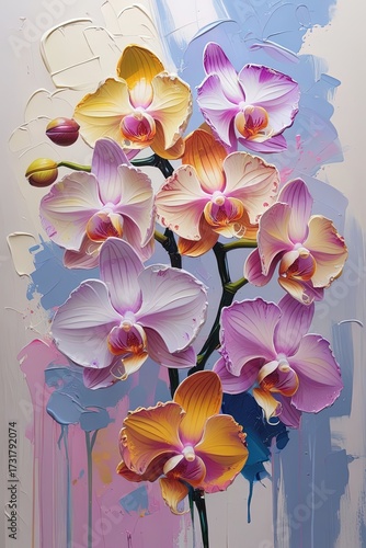Bold, vibrant impasto style orchid oil painting with bold large strokes using a palette knife and acrylic paint. textured brushstrokes. Use for poster, wallart.