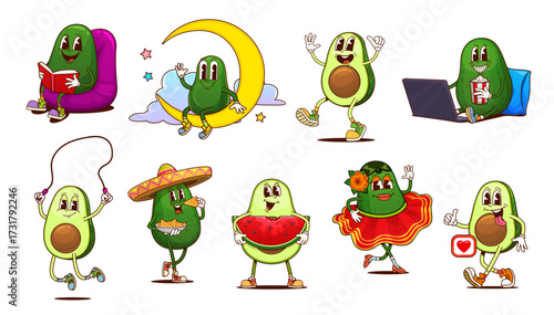 Cartoon groovy mexican avocado characters, funny green fruits, vegan food vector personages. Retro groovy hippie avocados in sombrero eating taco and dancing. Whole and half green fruits characters