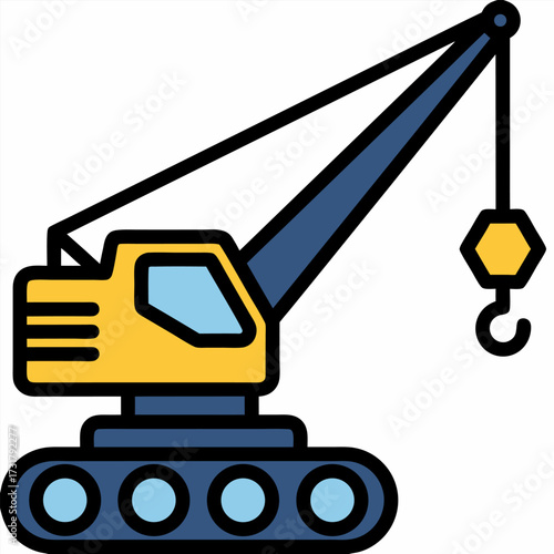 Vector illustration of a yellow and blue crawler crane icon for construction industry projects