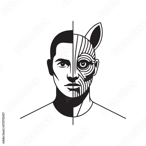 Vector art of a captivating black and white illustration of a human face merging with a fox, , symbolizing duality and transformation