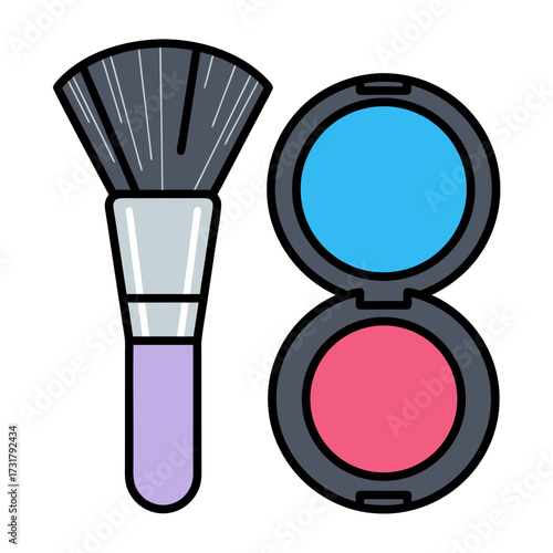 Vector icon of a cosmetic set featuring a fluffy powder brush and a two-tone eyeshadow palette