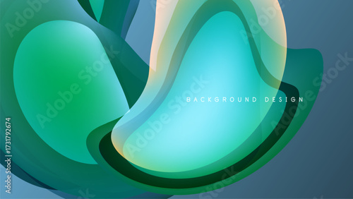 Abstract fluid shapes overlap, creating vibrant teal, green hues. Dark background emphasizes flowing forms, modern design element.