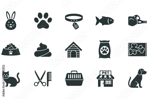 Vector art of collection of pet care icons, featuring a rabbit, paw print, collar, fish, whistle, food bowl, poop, dog house, food bag, bone, cat, grooming tool, carrier, pet shop, and dog