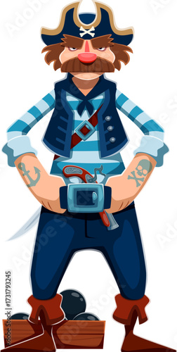 Cartoon pirate and ship crew character with striped shirt, tattoos, and stern expression stands confidently near cannonballs. Vector Caribbean corsair dressed in traditional attire with hat and pistol