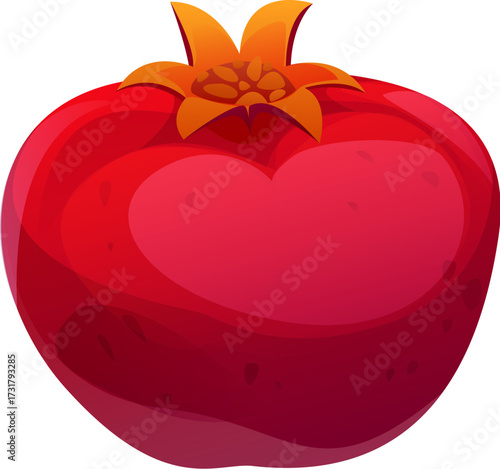 Cartoon raw ripe garnet fruit, bright red pomegranate with a glossy peel and crown top. Isolated vector tropical exotic fruit, emphasizing health, fresh nutrition, and healthy natural organic food