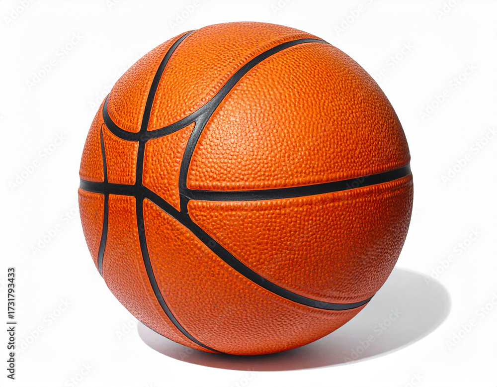 Fototapeta premium A classic orange basketball with black seams, isolated on a white background. Essential sports equipment for the court.