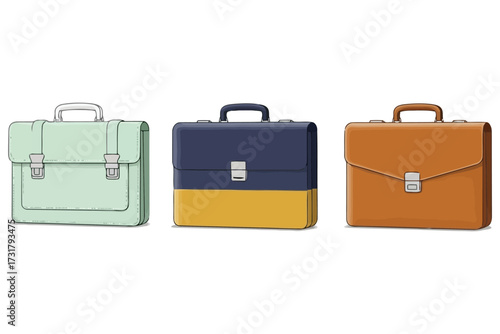 Vector art of three vintage briefcases, each in a different color and style, perfect for representing business, travel, or retro fashion with a touch of elegance