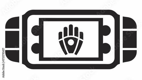 Modern smartwatch displaying biometric data with a futuristic hand icon for health tracking and wellness monitoring applications.