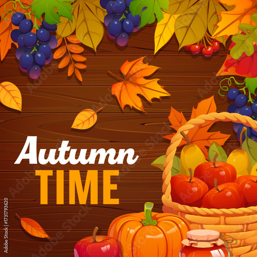 Autumn scene with pumpkins, apples in wicker basket, grapes and autumn leaves foliage on wooden background. Vector Thanksgiving Day festival or fall season advertising banner, social media web post
