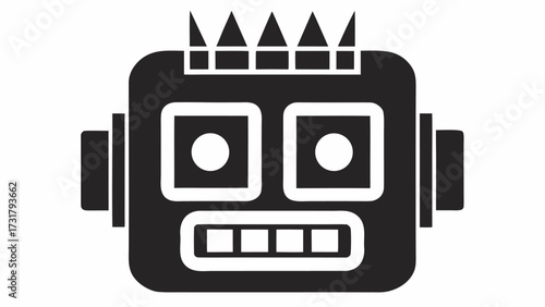 Whimsical black and white robot head icon with a playful punk rock mohawk and wide grin, perfect for tech and creative projects