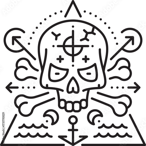 Pirate Jolly Roger skull esoteric line symbol. Buccaneer nautical tarot linear vector print, corsair pirate esoteric thin line tattoo. Filibuster marine magic sign with human skull and crossed bones