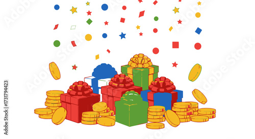 Vector illustration of a treasure hoard in a dungeon with gold coins, swords and shields, white background