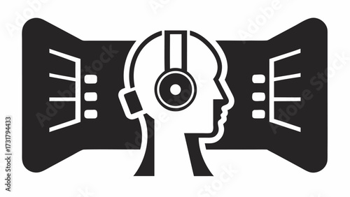 Immersive audio experience person with headphones surrounded by sound waves and data streams for digital entertainment