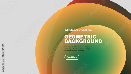 Abstract geometric background features vibrant orange, purple gradients. Text details present, button included. Modern design elements visible.