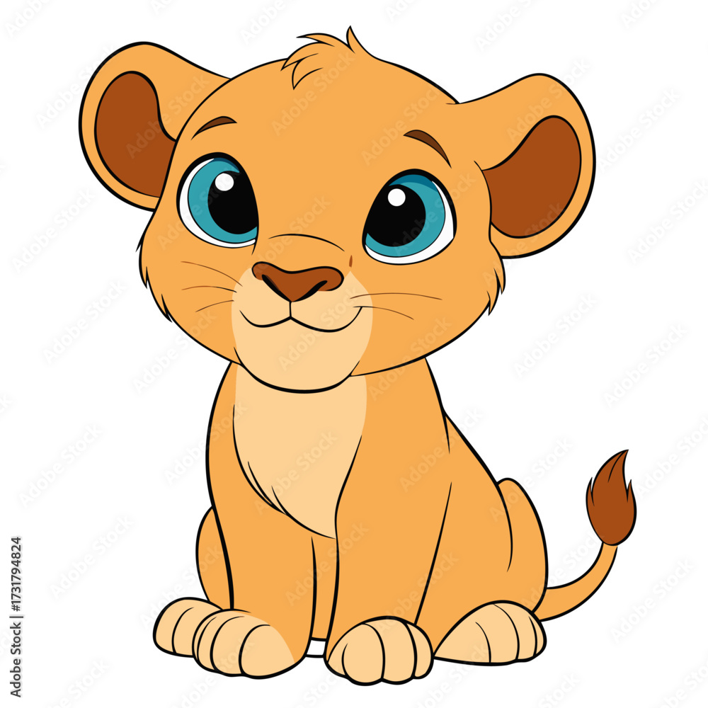 Obraz premium Cartoon Lion Cub Illustration with Blue Eyes, Cute Baby Animal Character in Friendly and Playful Style