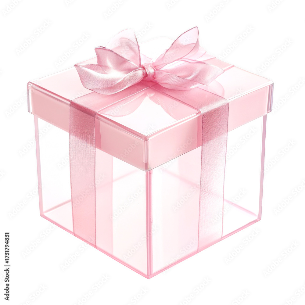 Obraz premium A pretty light pink transparent gift box wrapped with ribbon on transparent background