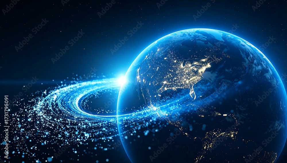 Fototapeta premium Earth in space, glowing blue, rings of light