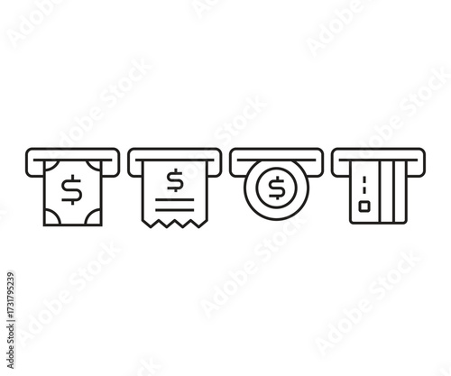 atm, dollar bill and coin icons set