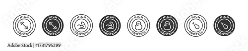 High protein icon set. Rich in protein product icons. Vector illustration