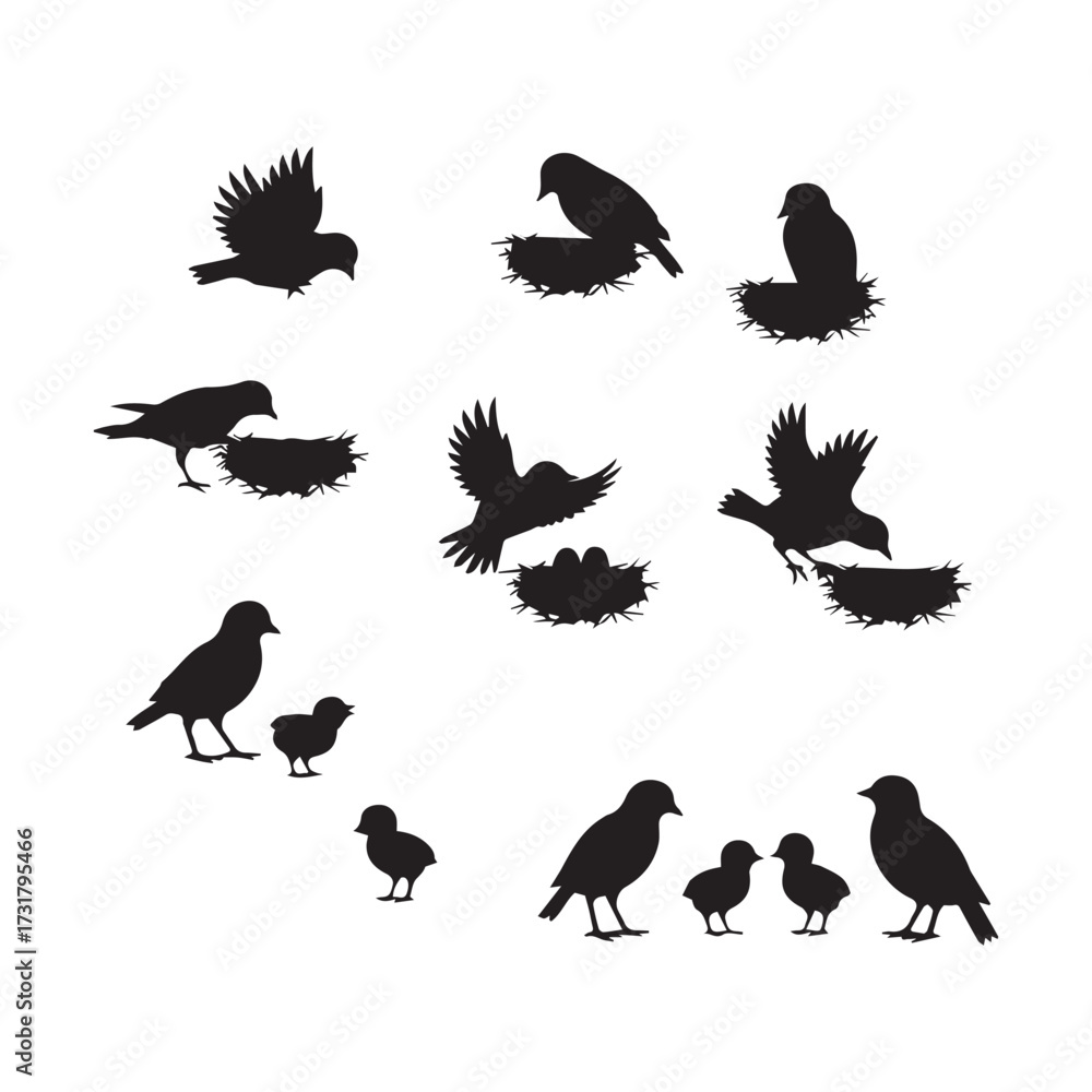 Obraz premium Vector art of bird family silhouette, depicting the love and care within a bird family and the beauty of nature