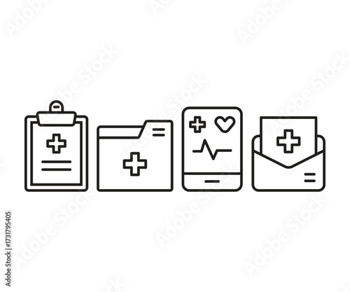 medical record and medical report icons set