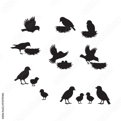 Vector art of bird family silhouette, depicting the love and care within a bird family and the beauty of nature