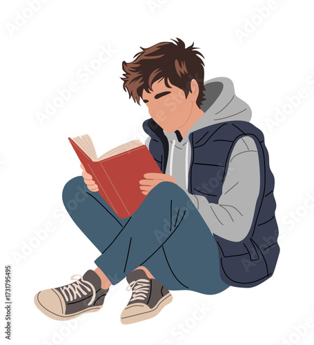 Flat vector illustration of a teenage boy reading a book, cozy casual outfit with hoodie and puffer vest, navy jeans, red book, isolated on transparent background, relaxed scene