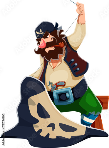 Cartoon pirate tailor ship crew character sitting on stool sewing a black skull flag with determined and focused expression. Vector sea corsair personage with traditional clothing and smoking a pipe