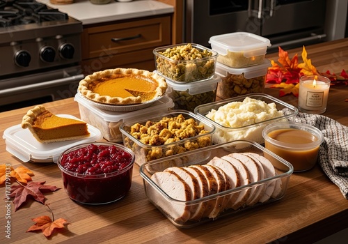 Photo of thanksgiving leftovers in containers on a kitchen counter, featuring turkey slices, mashed potatoes, cranberry sauce, stuffing, and pumpkin pie