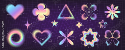 Y2k gradient aura shapes set. Blurred holographic aesthetic elements collection of different geometric forms on checkered background. Vector elements with defocus effect