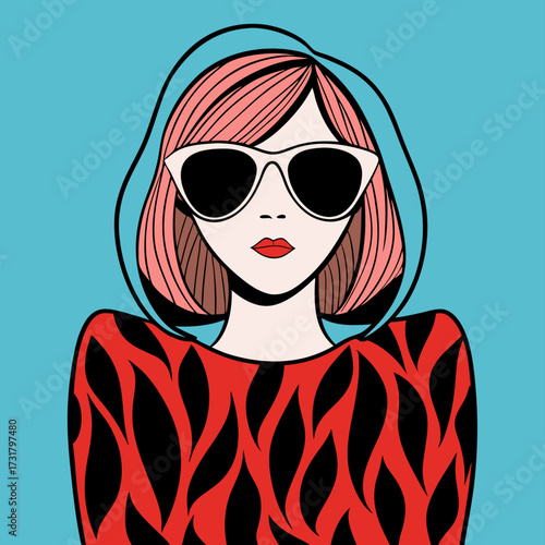 Stylized Vector Portrait of a Modern Woman in Sunglasses and Fashionable Red Top