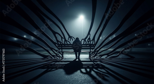 Lonely man on bench dark night surrounded by shadows depression anxiety mental health concept art ai image